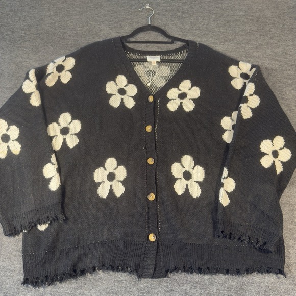 Hayden Los Angeles Women's Plus 2XL Distressed Floral Knit Cardigan Daisy Black - Picture 1 of 5